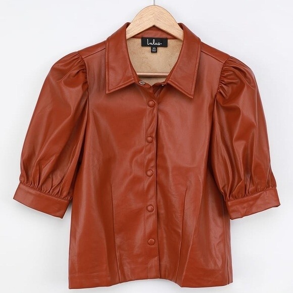 Lulus Making Impressions Brown Vegan Leather Puff Sleeve Top XS NWOT - Picture 4 of 12